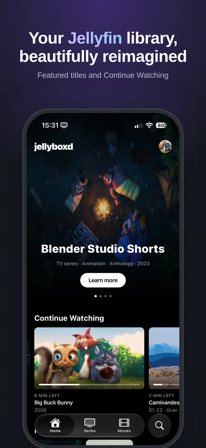 Home screen with featured titles and Continue Watching