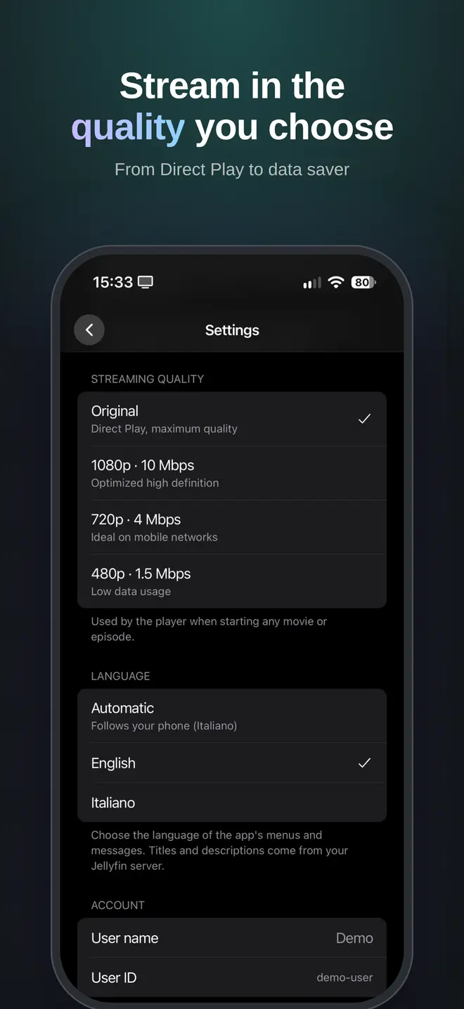 Settings with streaming quality options from Original to 480p