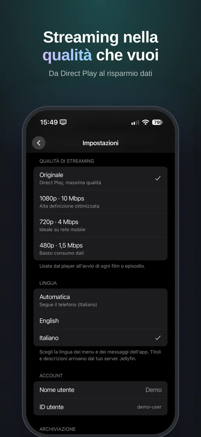 Impostazioni con le opzioni di qualità di streaming da Originale a 480p